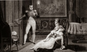 Joséphine osasi myös naisellisina pidettyjen keinojen käytön. Tässä hän on pyörtynyt, Napoleonin tullessa ilmoittamaan, että haluaa hänestä eron. Tarinan mukaan Napoleon oli järkytyksestä suunniltaan. Kirjan kuvitusta.